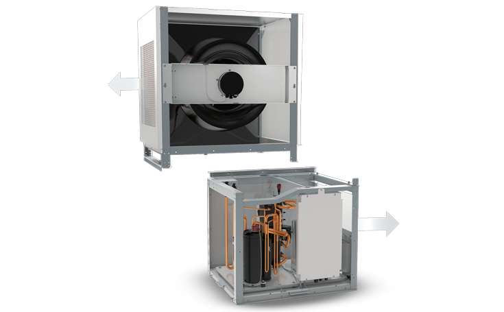 Two parts of an air-to-water heat pump in cross-section.