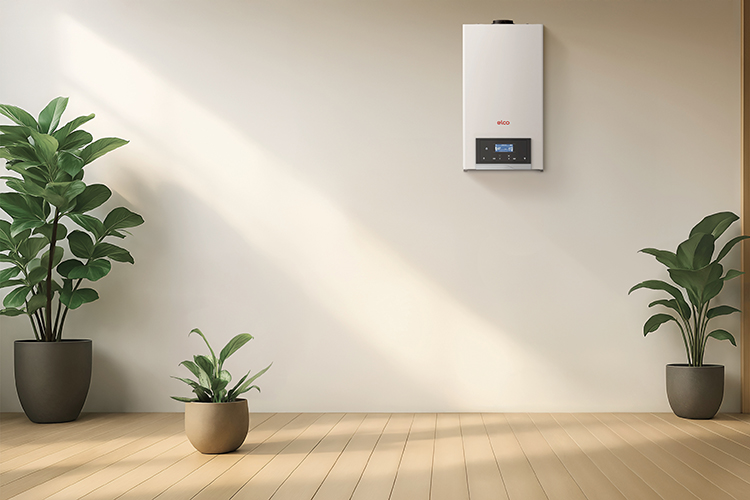Modern white wall-mounted gas condensing boiler with digital display, installed in a minimalist room with green houseplants.